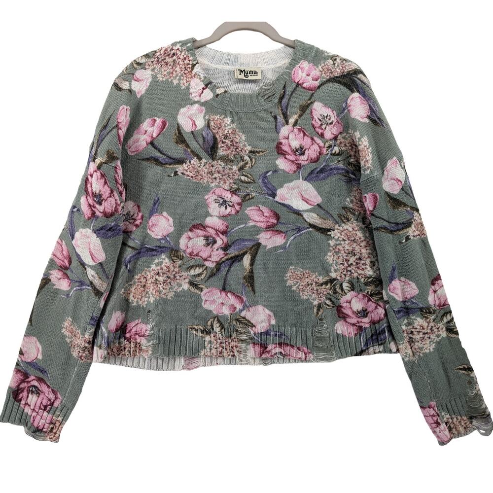Show Me Your Mumu Distressed Sweater Medium Green Floral Knit Cropped Varsity‎
